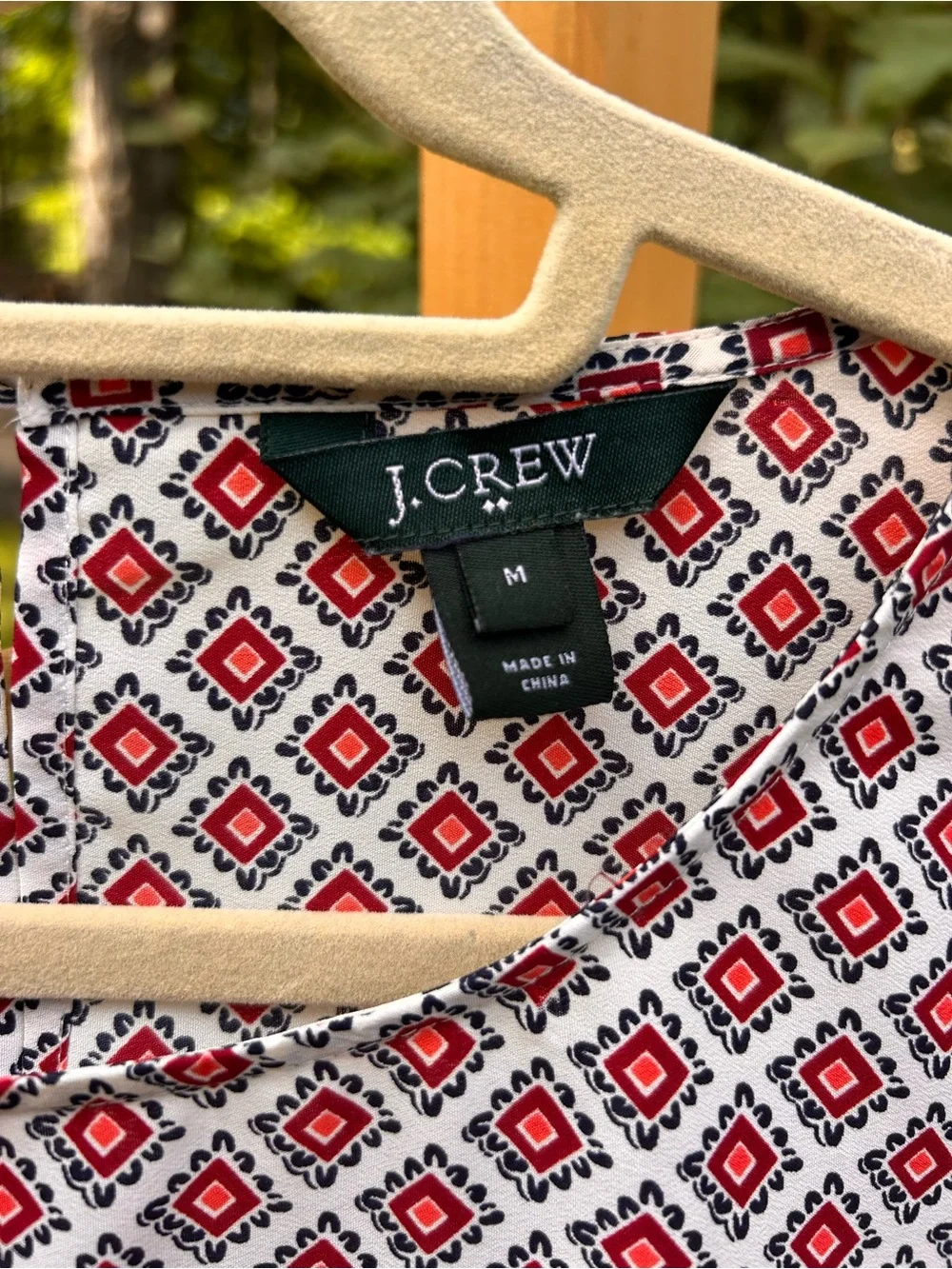 J. Crew Red and White Geo Print Long Sleeve Top